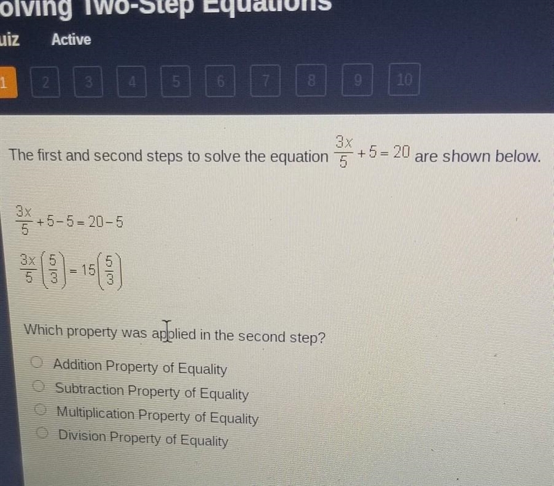 4 The first and second steps to solve the equation +5= 20 are shown below. 5 +5-5= 20-5 153 Which-example-1