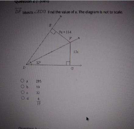 DF bisects EDG Find the value of x. The diagram is not to scale.-example-1