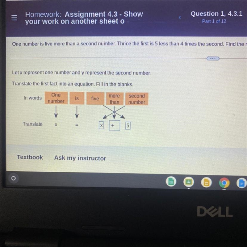 One number is five more than a second number. Thrice the first is 5 less than 4 times-example-1