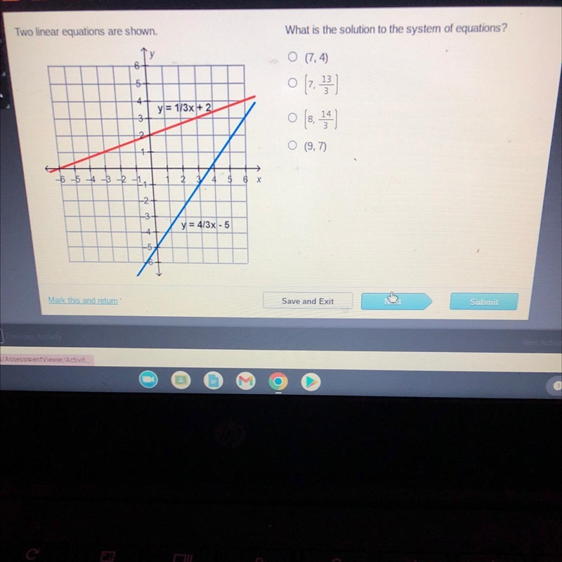 Two linear equations are shown. C 654321₁ 4 66 y=1/3x+2 y=4/3x-5 What is the solution-example-1