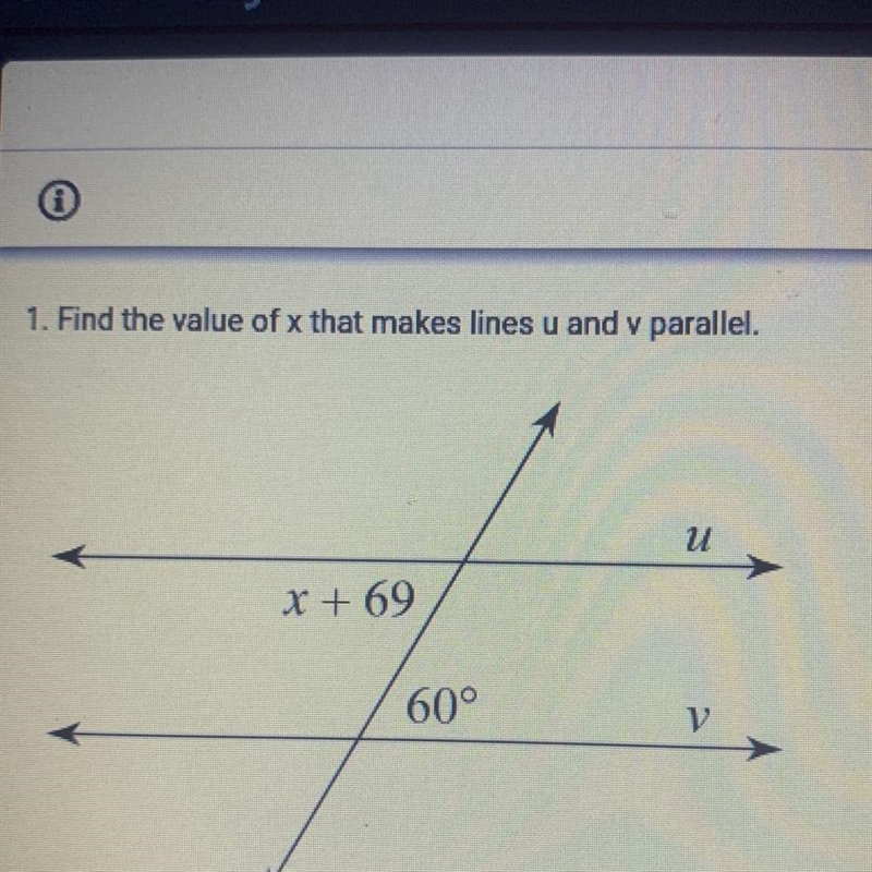 1. Find the value of x that makes lines u and v parallel.-example-1