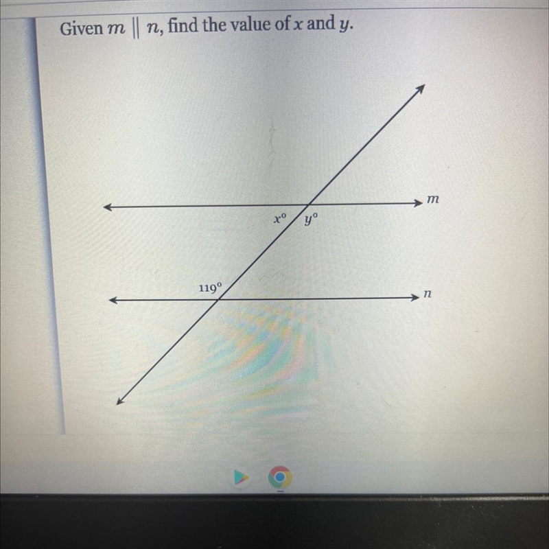 Given m || n, find the value of x and y. 119° to yº E-example-1