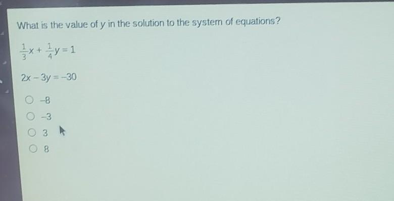 What is the value of y in the solution to the system of equations? 1 x + 2 y = 1 2x-example-1