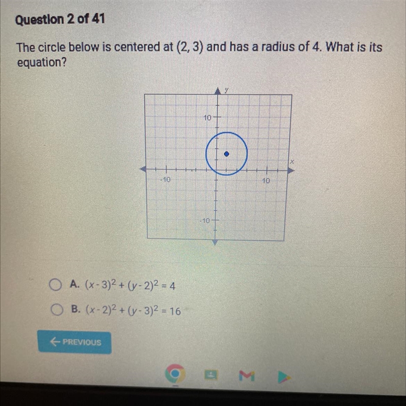 The circle below is centered at (2, 3) and has a radius of 4. What is its equation-example-1