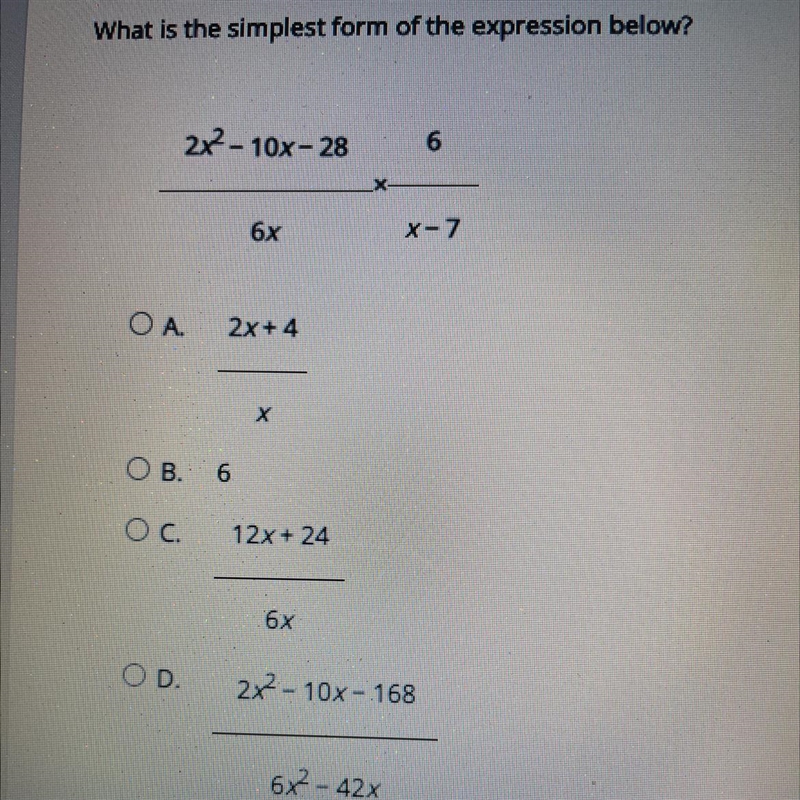 What is the simplest form of the expression below 2x^2 - 10x -28 x 6/ 6x x x-7-example-1