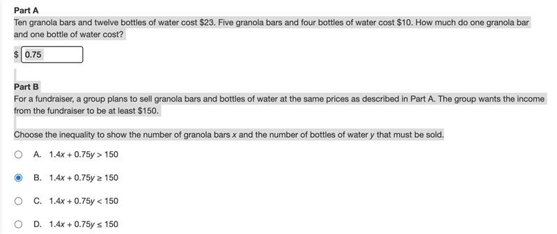 Ten granola bars and twelve bottles of water cost $23. Five granola bars and four-example-1