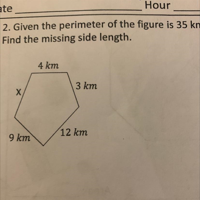 2. Given the perimeter of the figure is 35 km, Find the missing side length. X 9 km-example-1