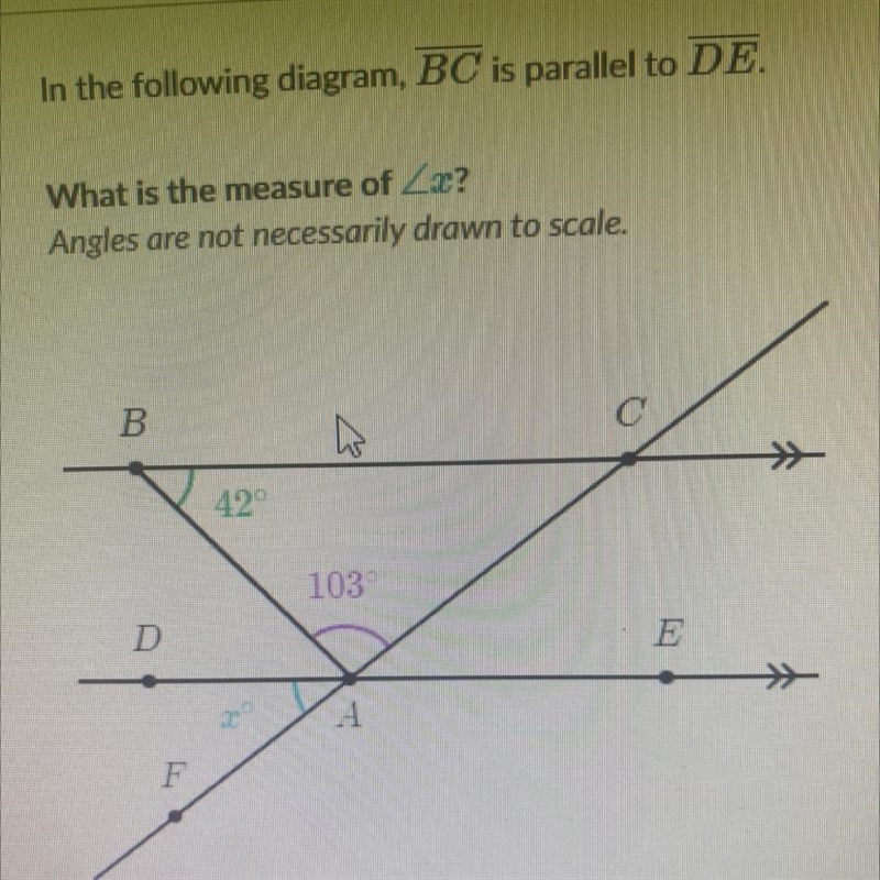 In the following diagram, BC is parallel to DE. What is the measure of a? Angles are-example-1