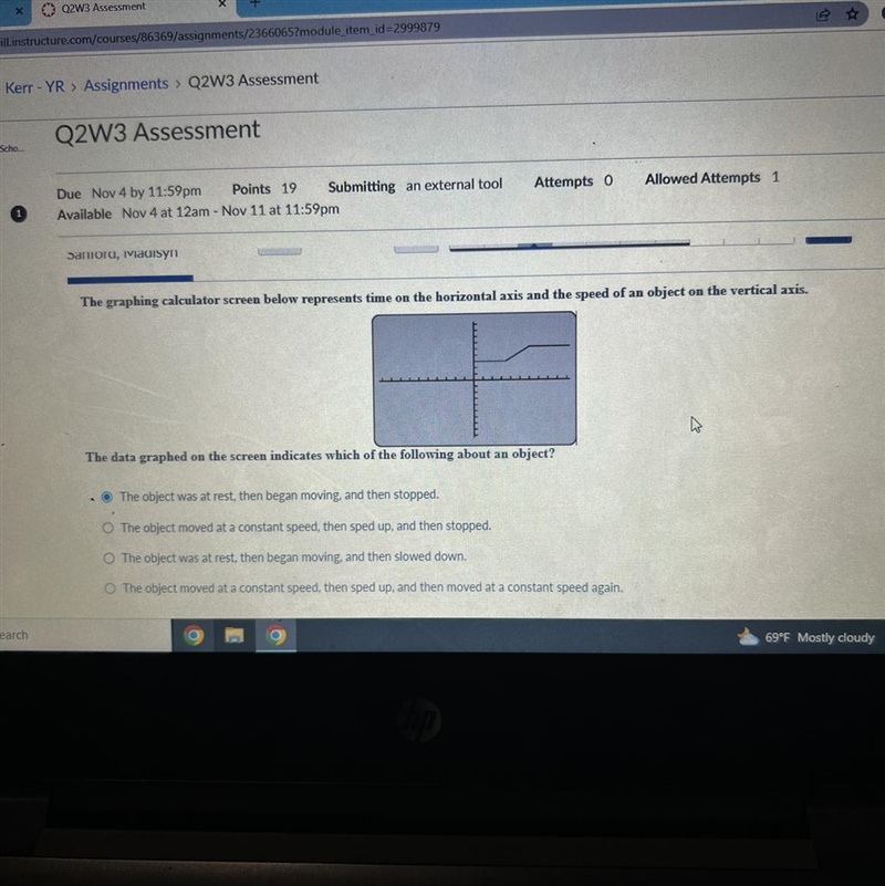 The graphing calculator screen below represents time on the horizontal axis and the-example-1