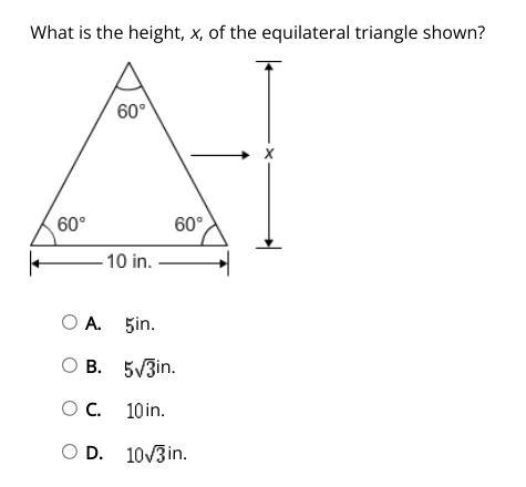 What is the height, x, of the equilateral triangle shown?-example-1