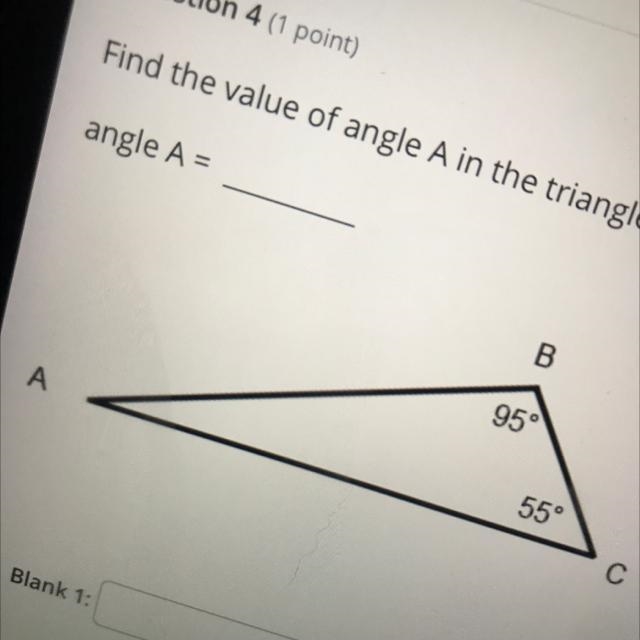 Find the value of angle A in the triangle below: angle A = A B 95° 55 PLEASE HURRY-example-1