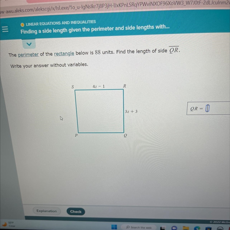 The perimeter of the rectangle below is 88 units. Find the length of side QR. Write-example-1