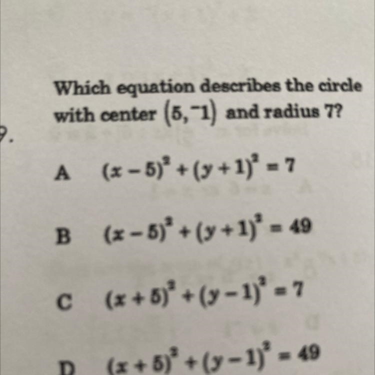 Which equation describes the circle with center (5,-1) and radius 7?-example-1