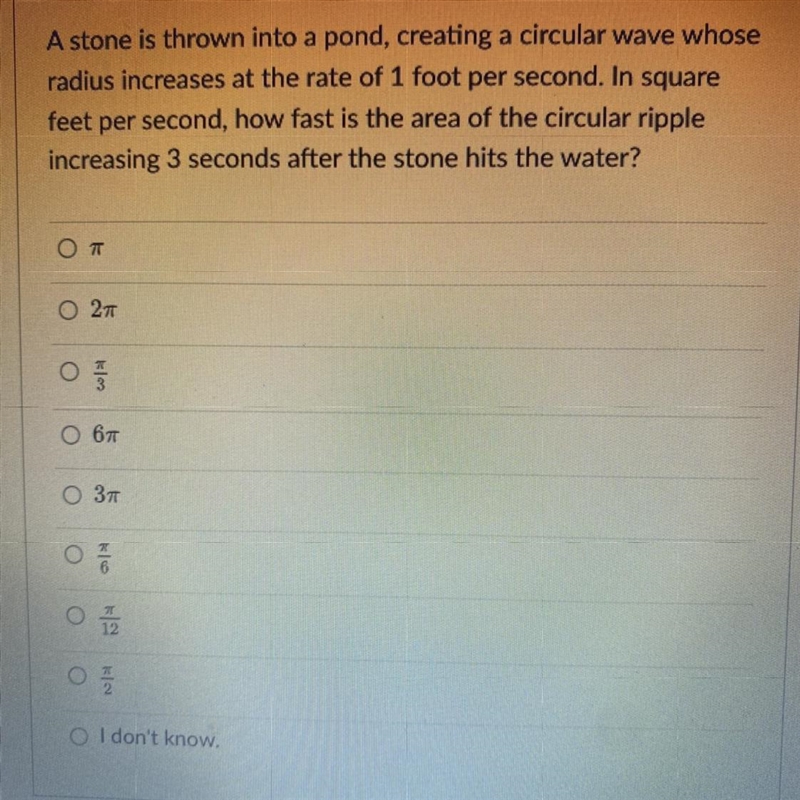 CALCULUS 1A stone is thrown into a pond, creating a circular wave whoseradius increases-example-1