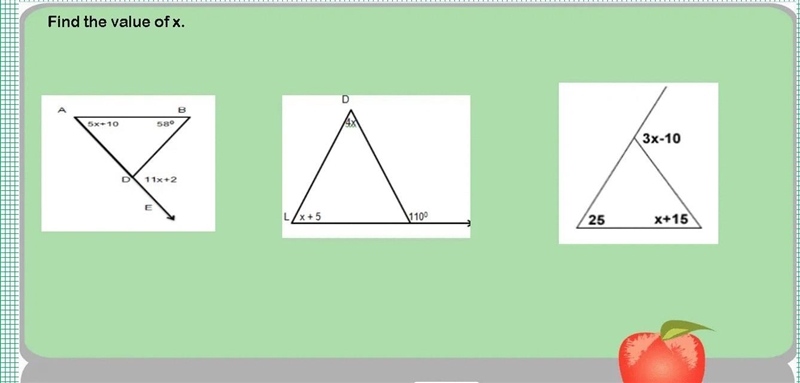 Find the value of x. B 5x10 580 3x-10 11x+2 E L/X+5 1100 25 X+15 pls help :((​-example-1