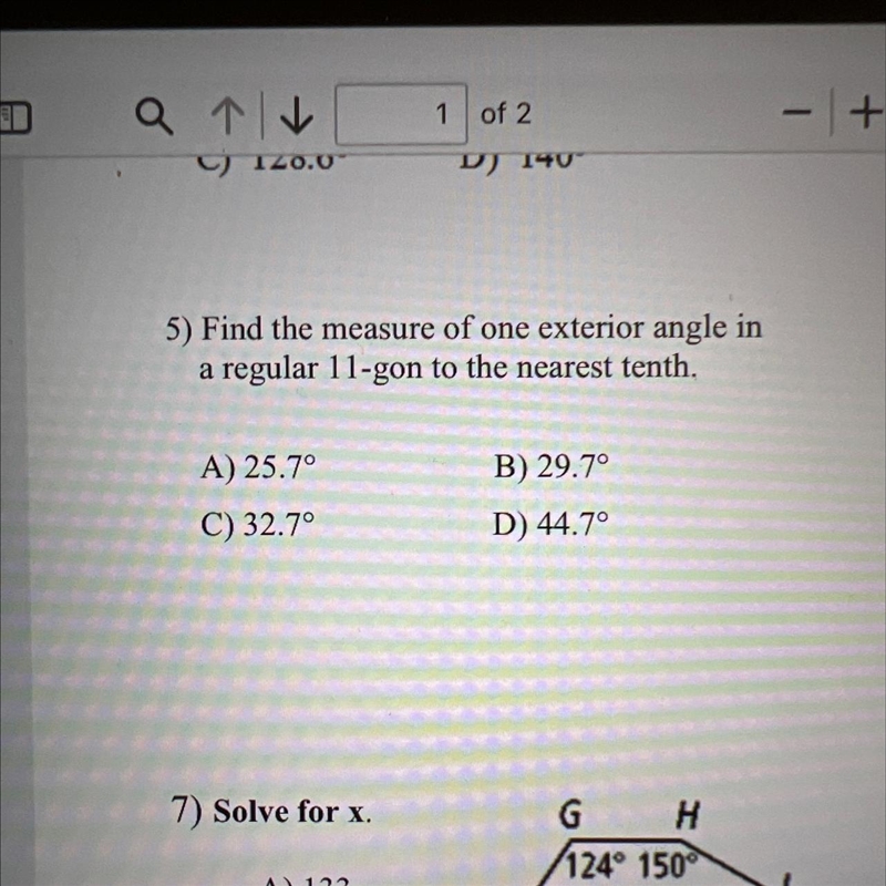 Find the measure of one exterior angle in a regular 11-gon to the nearest 10th-example-1