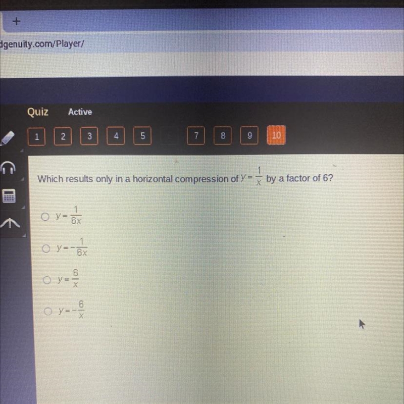 Which results only in a horizontal compression of Y = by a factor of 6? 1 O y = 6x-example-1