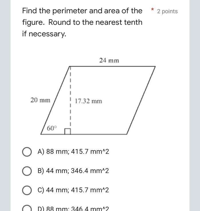 Find the perimeter and area of the figure. Round to the nearest tenth if necessary-example-1