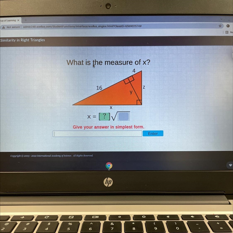 What is the measure of x? 16 x=[?] Give your answer in simplest form.-example-1