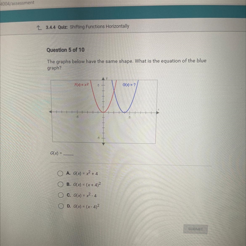 The graphs below have the same shape. What is the equation of the blue graph-example-1