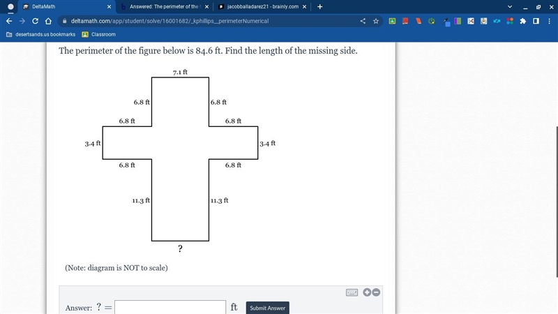 The perimeter of the figure below is 84.6 ft. Find the length of the missing side-example-1