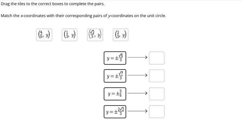 Match the x coordinates with their corresponding pairs of y-coordinates on the unit-example-1