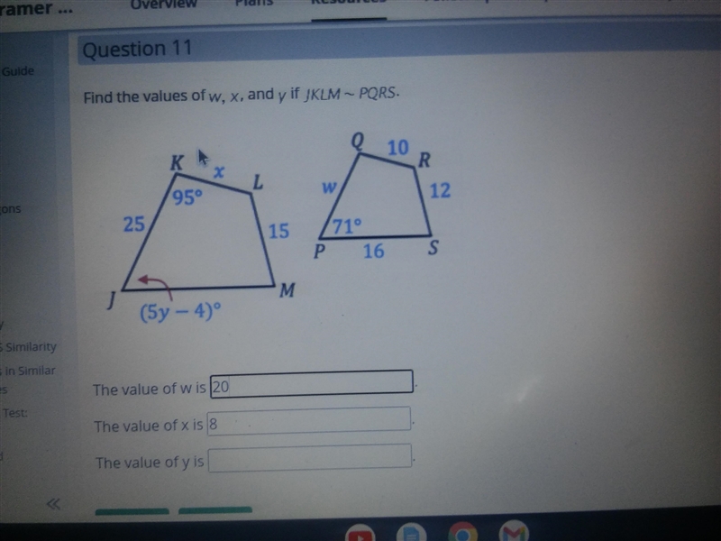 Don't worry about the x and w, I just need the answer to y. Find the value of y if-example-1