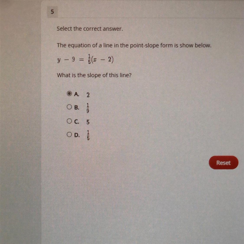 What is the slope of this line? y-9=1/5(x-2)-example-1