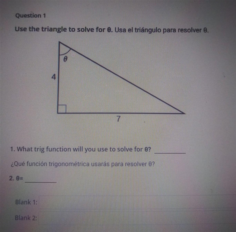 Use the triangle to solve for _ Blank 1- What trig function will you use to solve-example-1