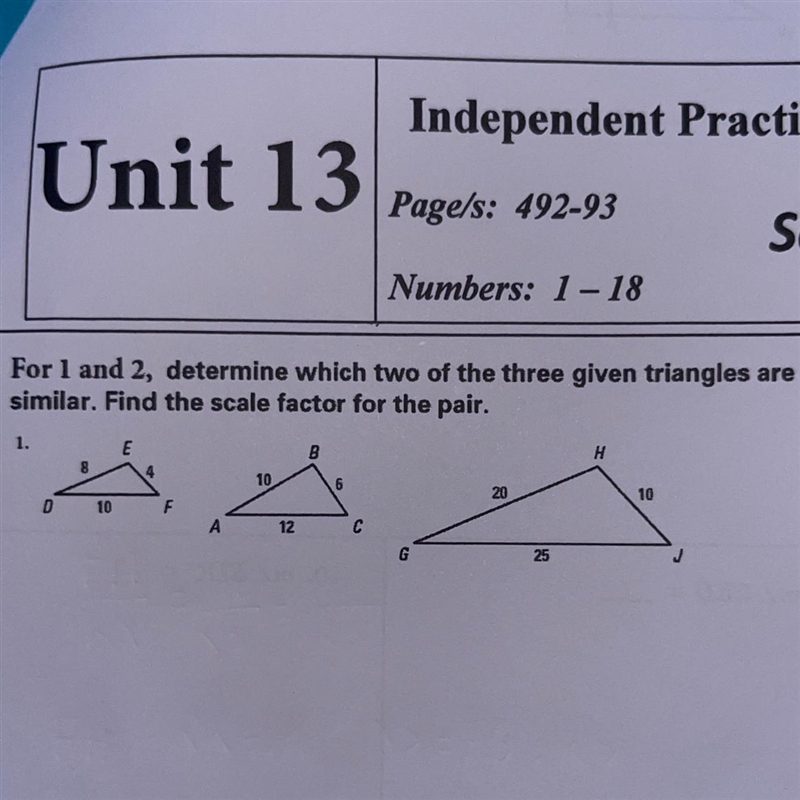 Determine which two of the three given triangles are similar. Find the scale factor-example-1