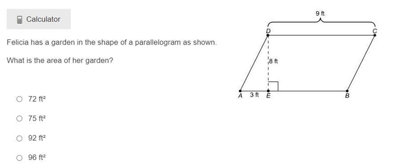 Felicia has a garden in the shape of a parallelogram as shown. What is the area of-example-1