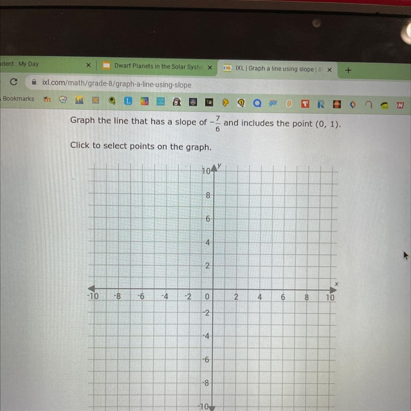 Graph the line that has a slope of -7/6 and includes the point (0, 1)-example-1