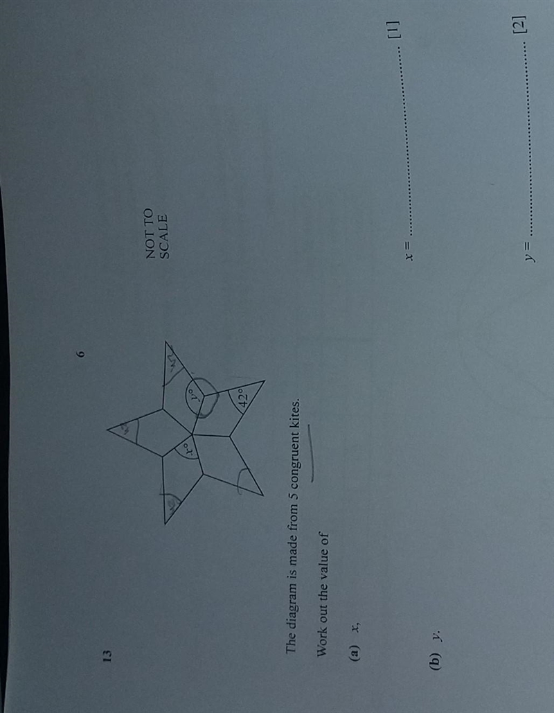 13 The diagram is made from 5 congruent kites, Work out the value of (a) %, (b) y-example-1