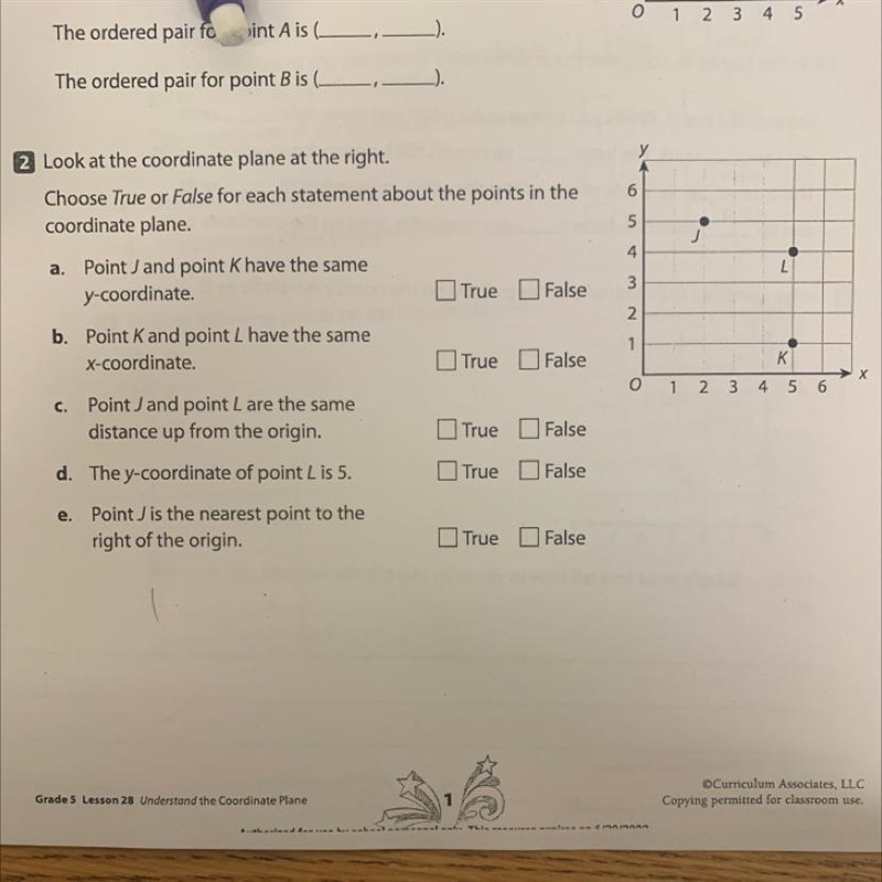 У 6 2 Look at the coordinate plane at the right. Choose True or False for each statement-example-1