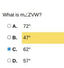 In the figure below, mWXY = 62°, mXYW = 72°, and mWZV = 77°. What is mZVW? ( i cant-example-2