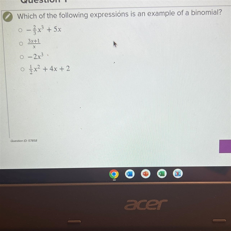 Which of the following expressions is an example of a binomial?-example-1