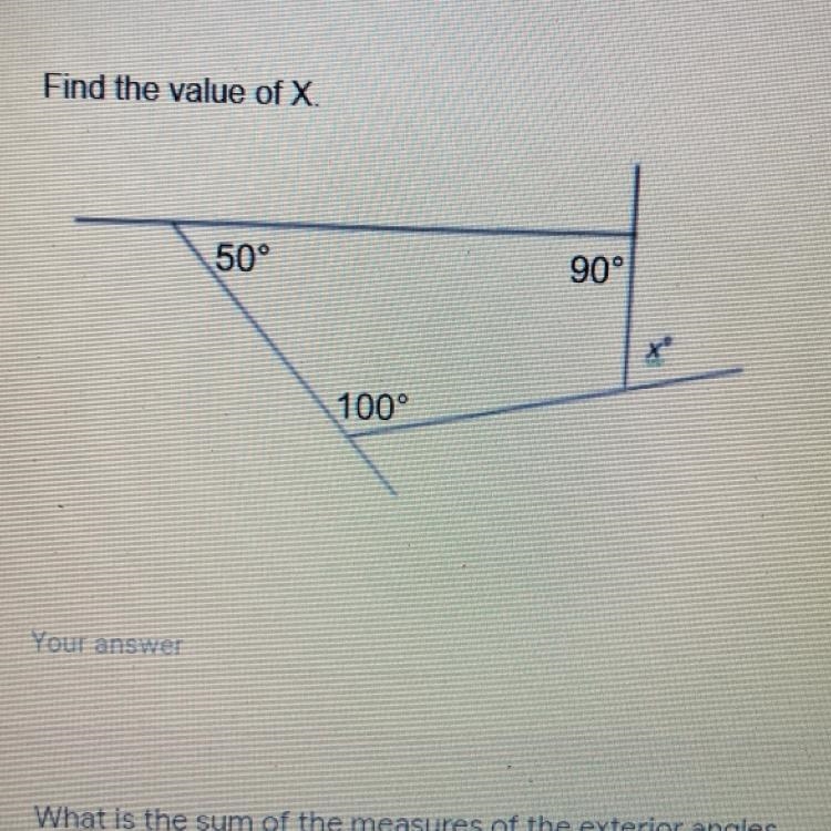 Find the value of X. 50° 90° 100°-example-1