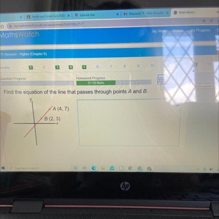 Find the equation of the line that passes through points A and XA (4, 7) B (2, 3) E-example-1