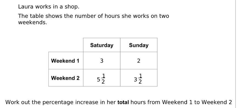 Work out the percentage increase in her total hours from Weekend 1 to Weekend 2-example-1