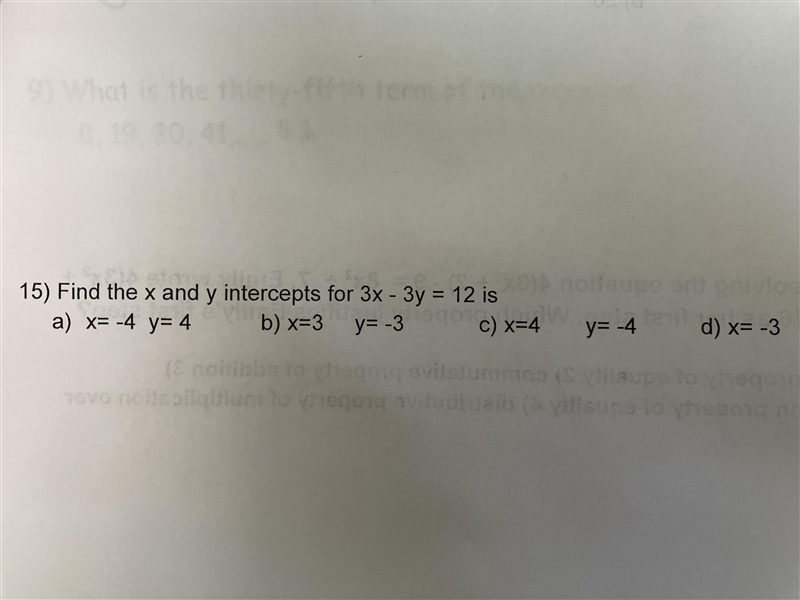 Find the x and y intercepts for 3x-3y=12-example-1