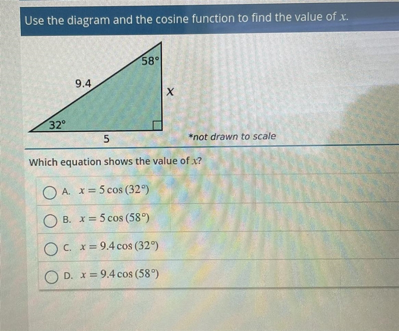 Use the diagram and cosine function to find the value of x.-example-1