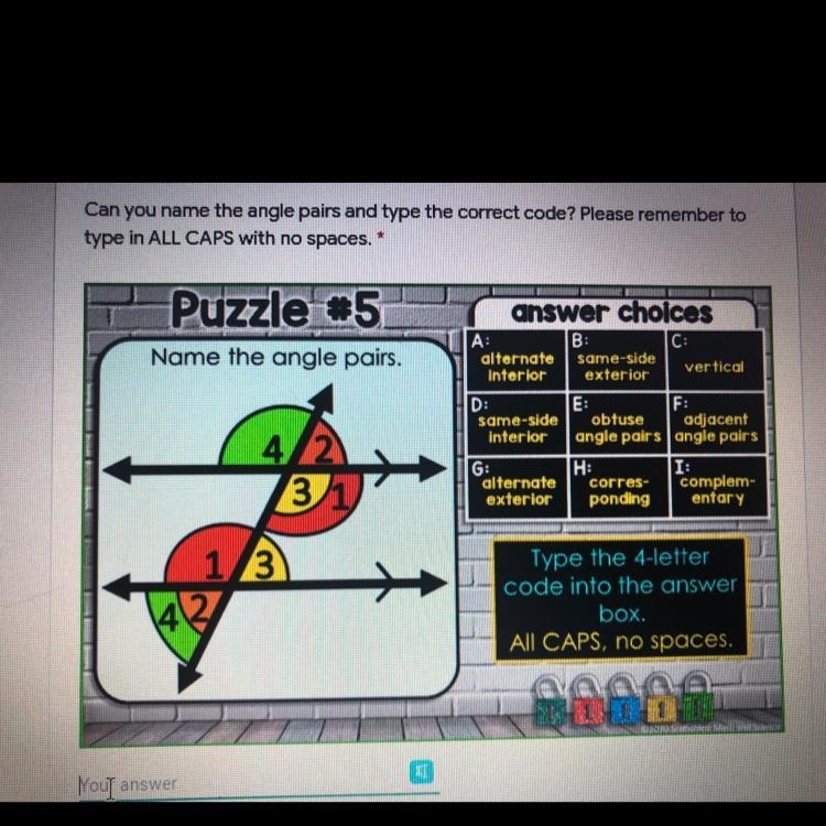 PLEASE HELP!!! Can you name the angle pairs and type the correct code?-example-1