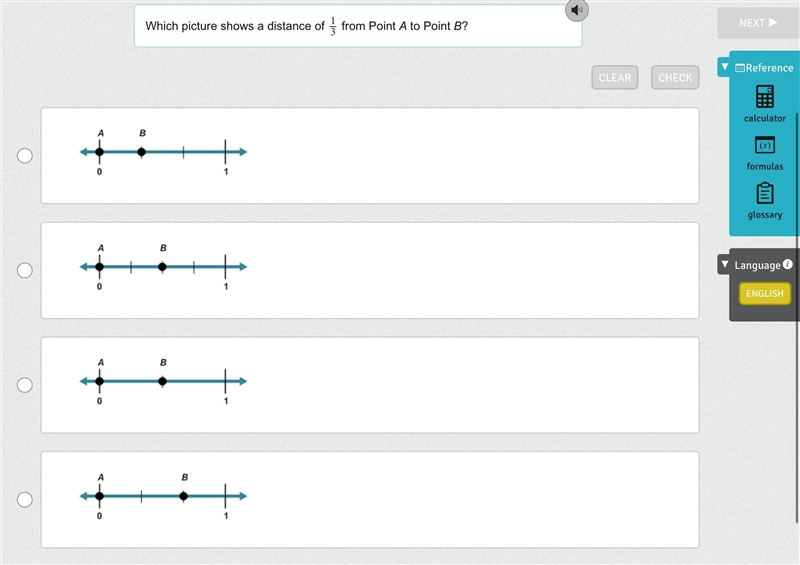 Which picture shows a distance of 1/3 from Point A to Point B?-example-1