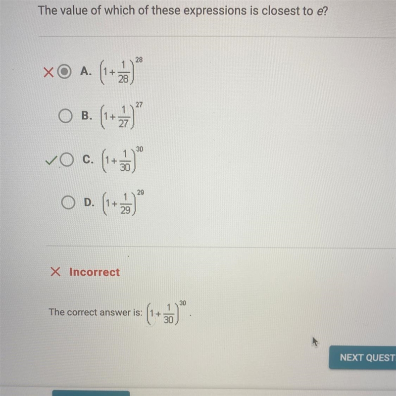 The value of which of these expressions is closest to e? Heres the answer i couldnt-example-1