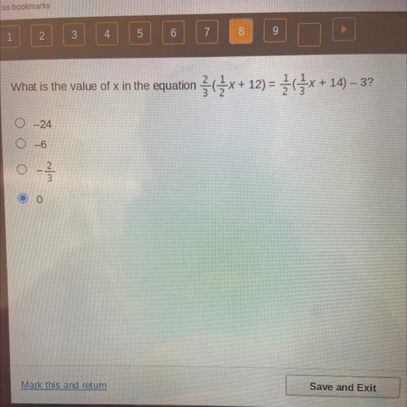 What is the value of x in the equation 2/3(1/2x+12)=1/2(1/3x+14)-3 A.-24 B.-6 C.-2/3 D-example-1