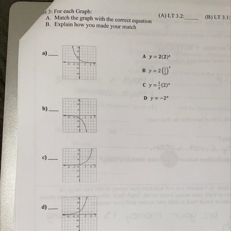 For each Graph: A. Match the graph with the correct equation B. Explain how you made-example-1