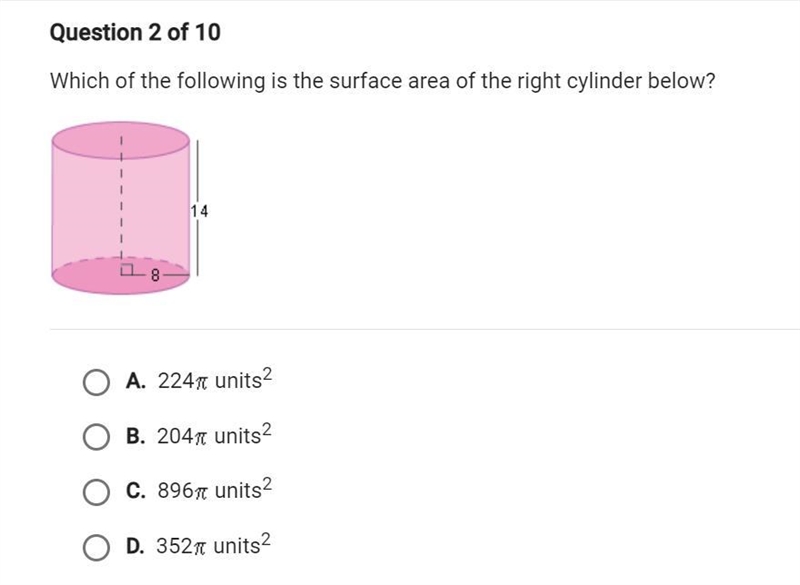 Which of the following is the surface area of the right cylinder below? A. 244π units-example-1