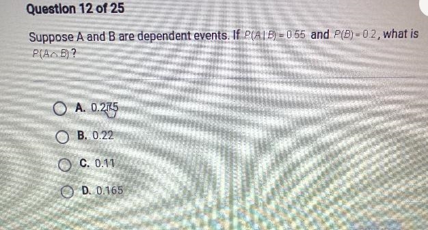 Suppose a and B are dependent events of PAB equals .55 and PFB equals .2 what is P-example-1