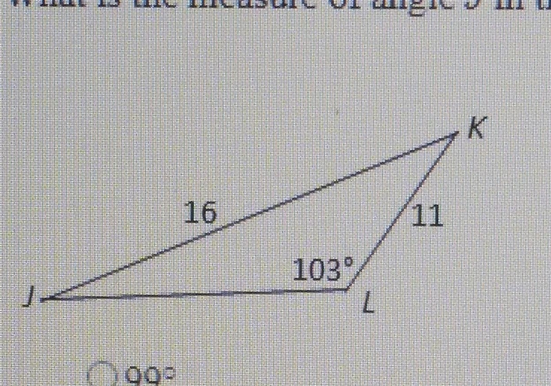 What is the measure of angle J in the triangle below? options a)99⁰ b)42⁰ c)9⁰ d)48⁰​-example-1