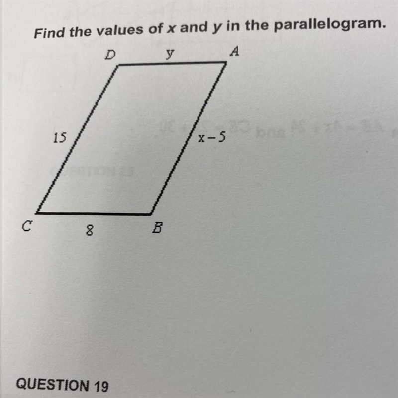 Find the values of x and y in the parallelogram.-example-1